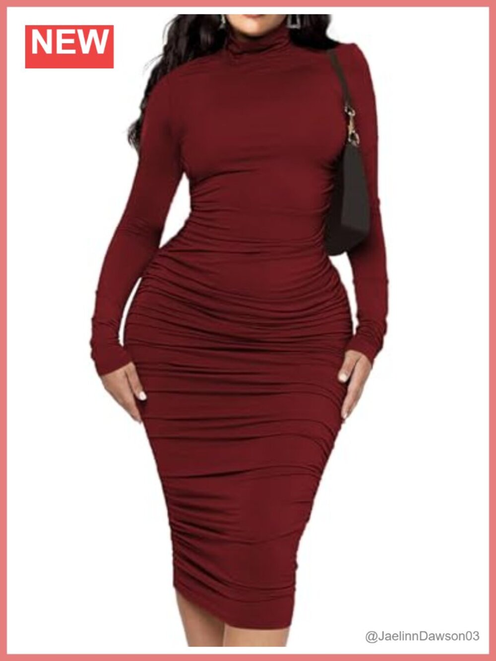 Ruched Bodycon Midi Dress Mock Neck Long Sleeve Pull On Women's